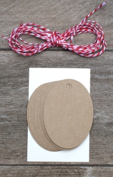 12 Schildchen oval naturfarben/braun, inkl. 2 m Schnur (rot/weiß),Geschenkanhänger,Etiketten
