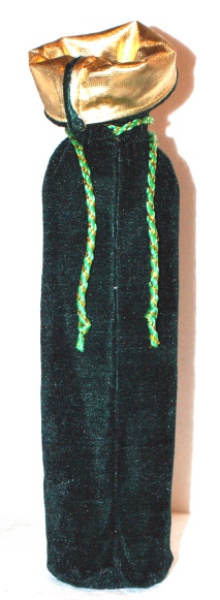 bottle bag, velvet bag green/gold with cord 140x430 mm